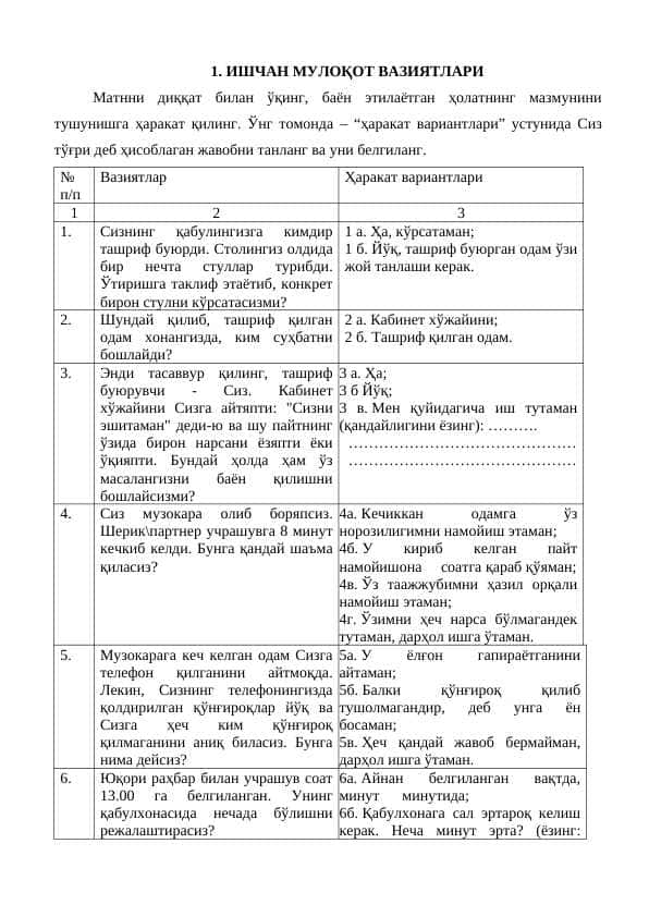 Этикет саволи ИШЧАН МУЛОҚОТ ВАЗИЯТЛАРИ
