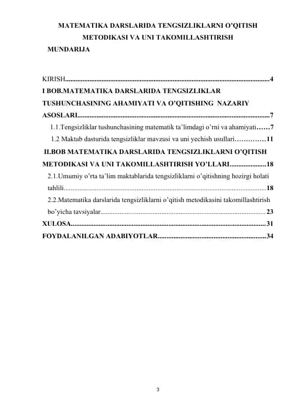 MATEMATIKA DARSLARIDA TENGSIZLIKLARNI O’QITISH METODIKASI VA UNI TAKOMILLASHTIRISH