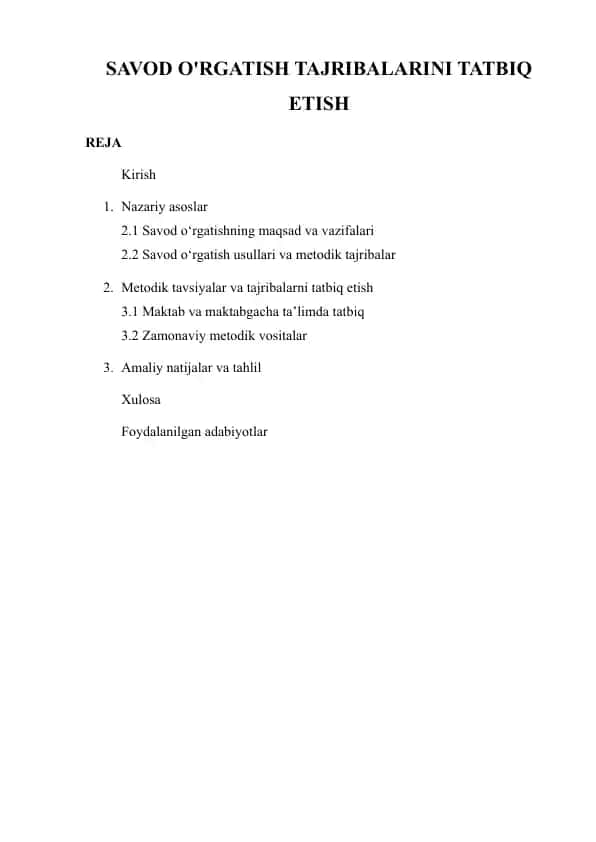SAVOD O'RGATISH TAJRIBALARINI TATBIQ ETISH