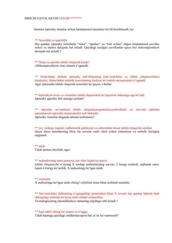 Mikroiqtisodiyot fanidan test savollari va javoblari.