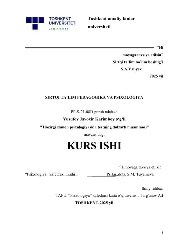 Hozirgi zamon psixologiyasida testning dolzarb muammosi.