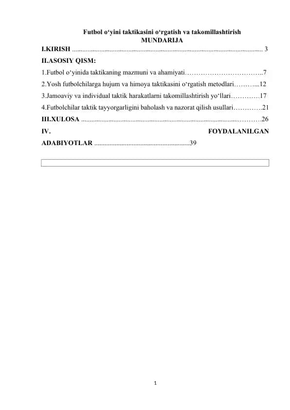 Futbol o‘yini taktikasini o‘rgatish va takomillashtirish