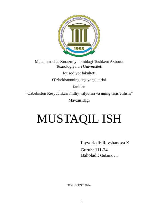 Ozbekiston Respublikasi milliy valyutasi va uning tasis etilishi