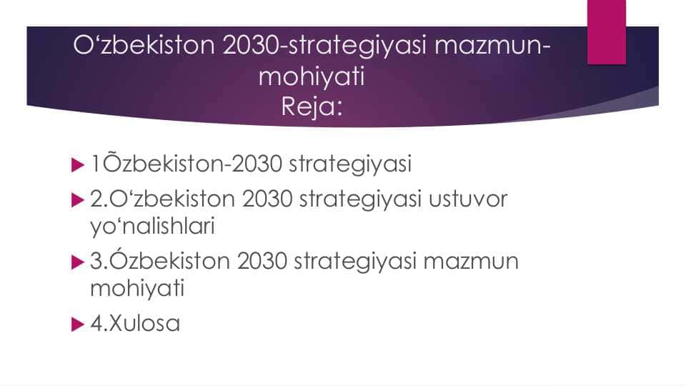 Oʻzbekiston 2030-strategiyasi mazmun mohiyati