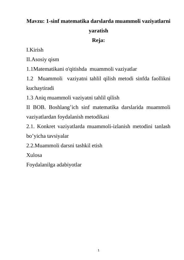 1-sinf matematika darslarda muammoli vaziyatlarni yaratish