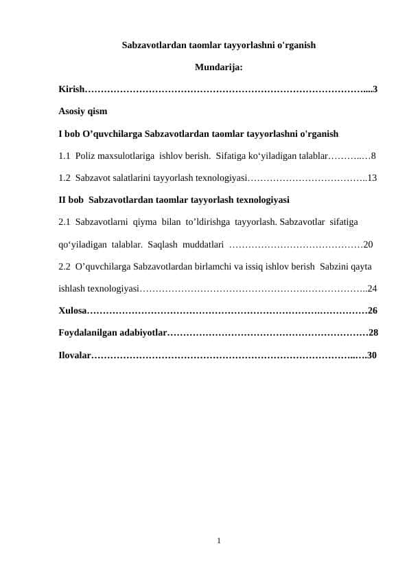 Sabzavotlardan taomlar tayyorlashni o'rganish