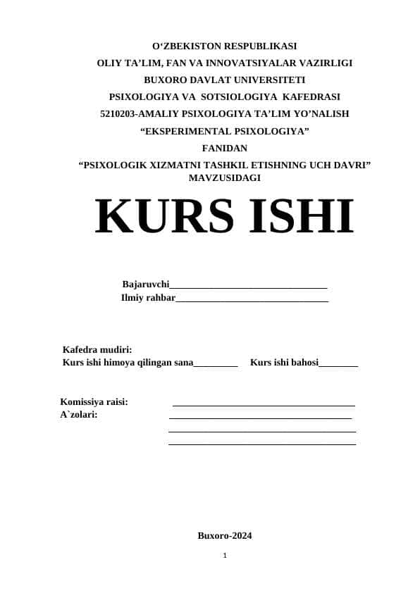PSIXOLOGIK XIZMATNI TASHKIL ETISHNING UCH DAVRI. kurs ishi