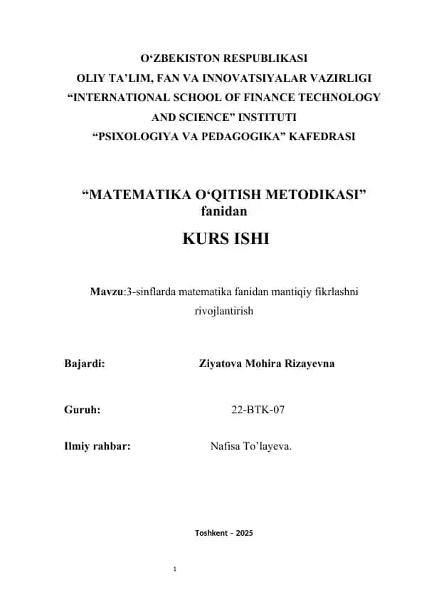 3-sinflarda matematika fanidan mantiqiy fikrlashni rivojlantirish kurs ishi
