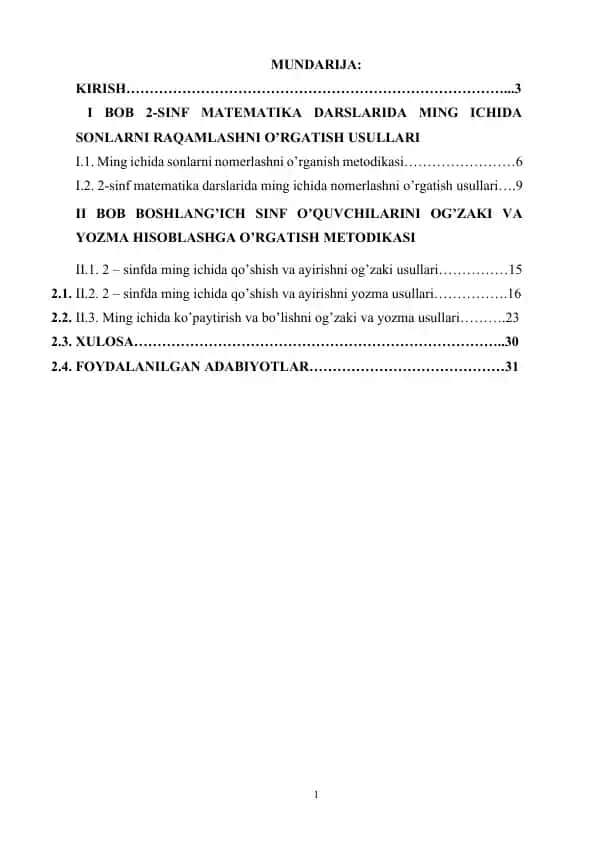 2-sinf matematika darslarida ming ichida nomerlashni o’rnatish usullari