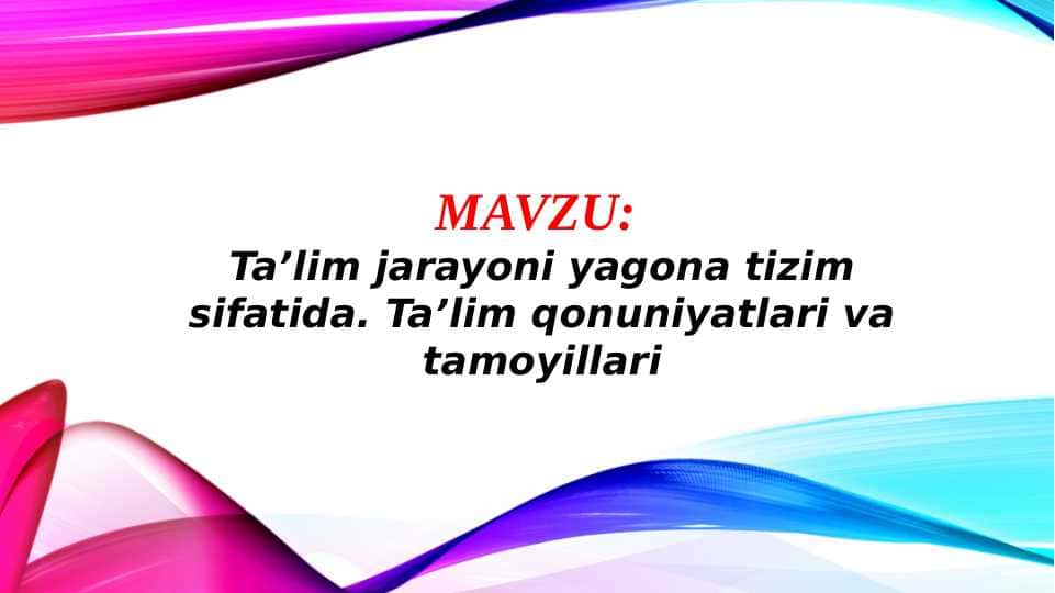 Ta’lim jarayoni yagona tizim sifatida. Ta’lim qonuniyatlari va tamoyillari