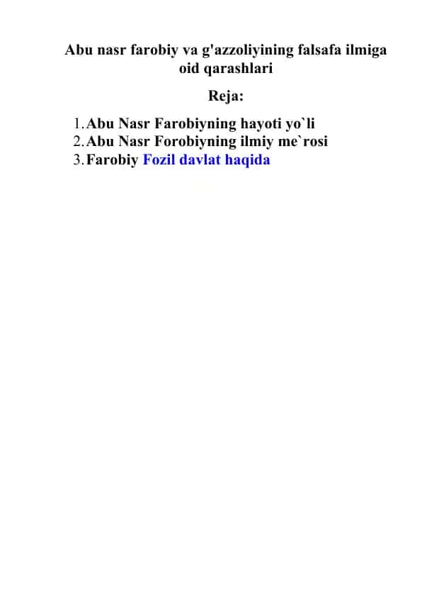 Abu nasr farobiy va g'azzoliyining falsafa ilmiga oid qarashlari