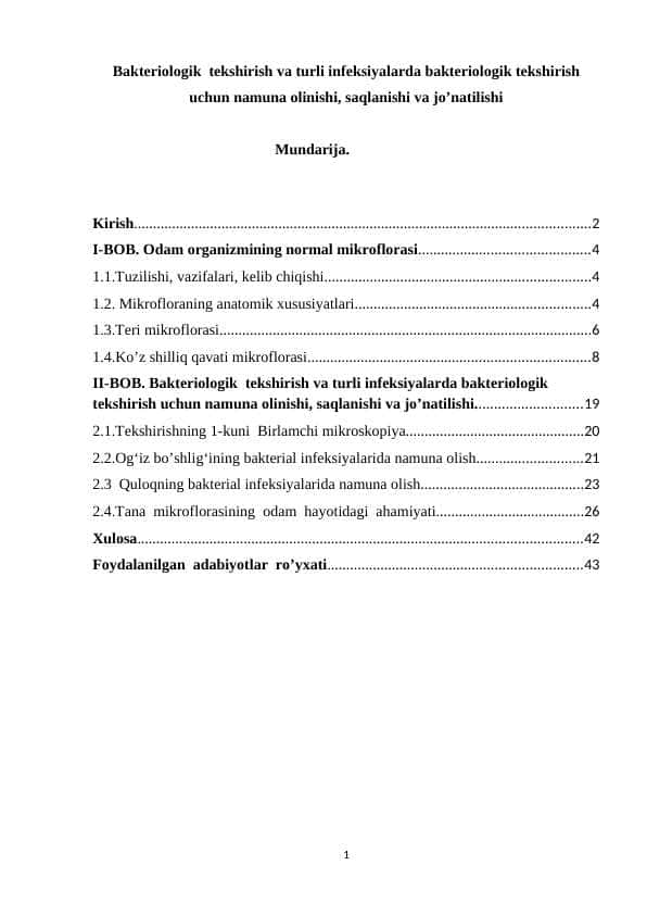 Bakteriologik tekshirish va turli infeksiyalarda bakteriologik tekshirish uchun namuna olinishi, saqlanishi va jo’natilishi