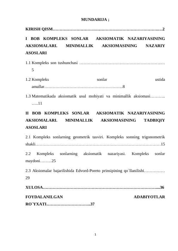 KOMPLEKS SONLAR AKSIOMATIK NAZARIYASINING AKSIOMALARI. MINIMALLIK AKSIOMASINING NAZARIY ASOSLARI