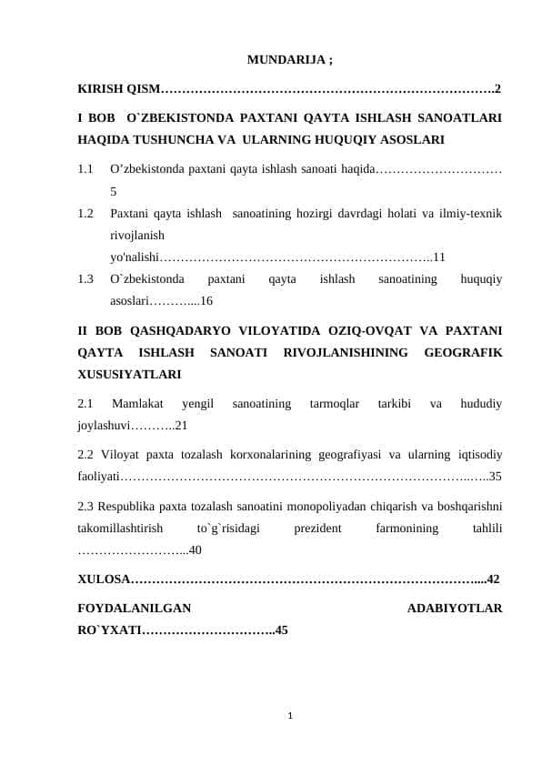 O’zbekistonda paxtani qayta ishlash sanoati tarmoqlarining geografik joylashuvi.