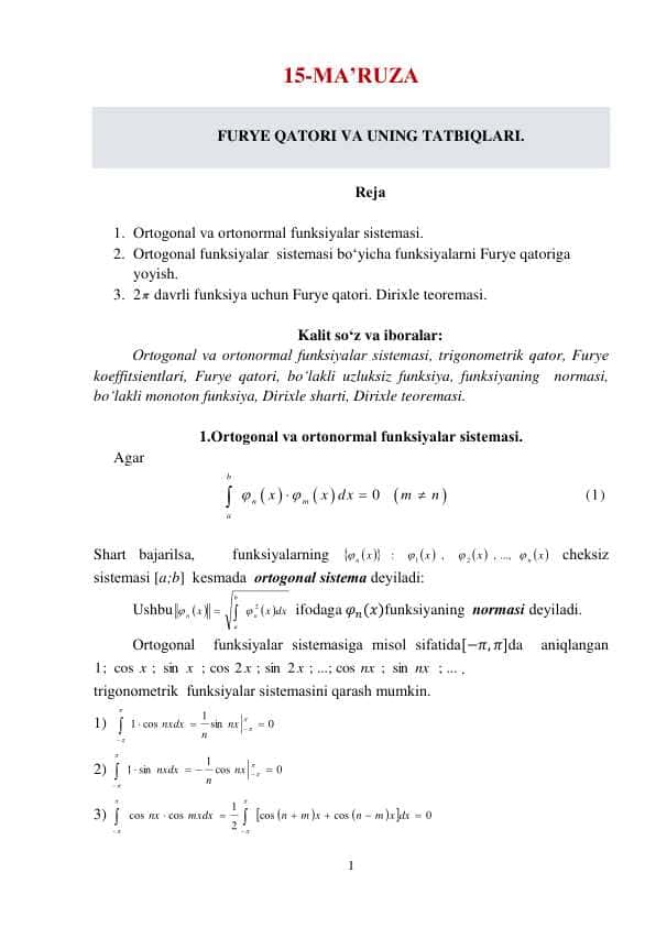 FURYE QATORI VA UNING TATBIQLARI