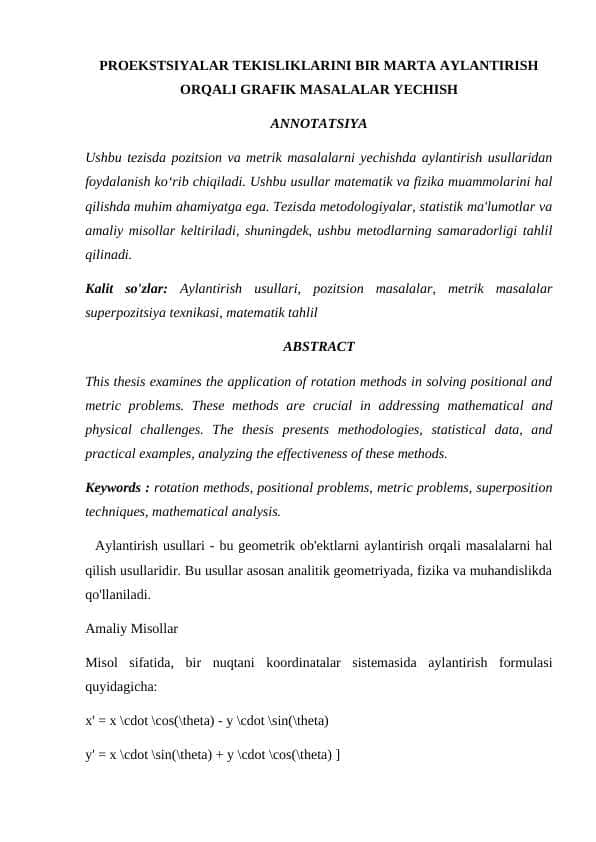 PROEKSTSIYALAR TEKISLIKLARINI BIR MARTA AYLANTIRISH ORQALI GRAFIK MASALALAR YECHISH