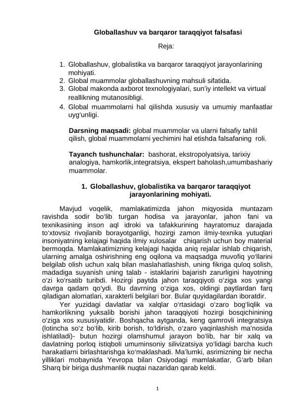 Globallashuv va barqaror taraqqiyot falsafasi