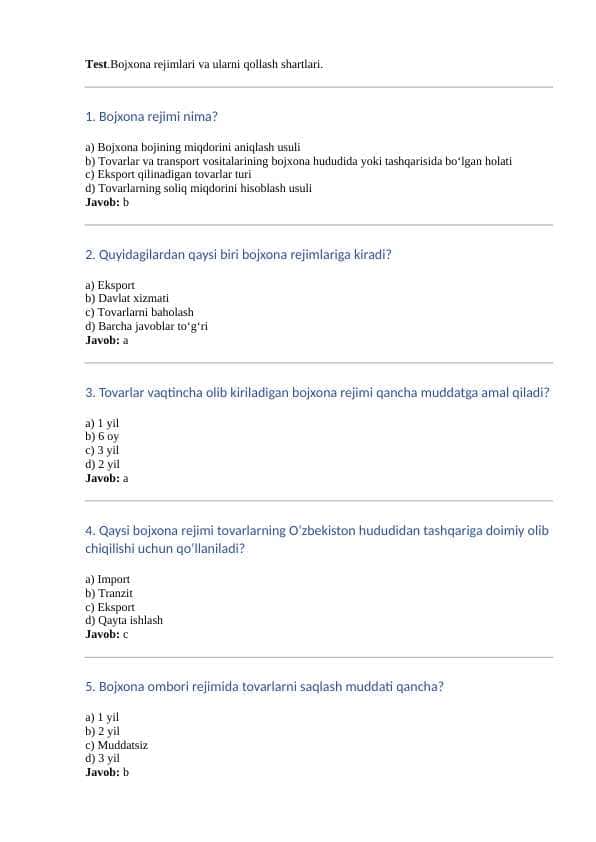 Bojxona rejimlari va ularni qollash shartlari. Test