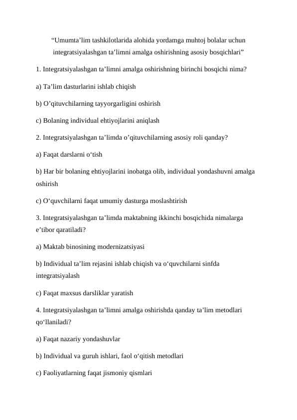 Umumta’lim tashkilotlarida alohida yordamga muhtoj bolalar uchun integratsiyalashgan ta’limni amalga oshirishning asosiy bosqichlari
