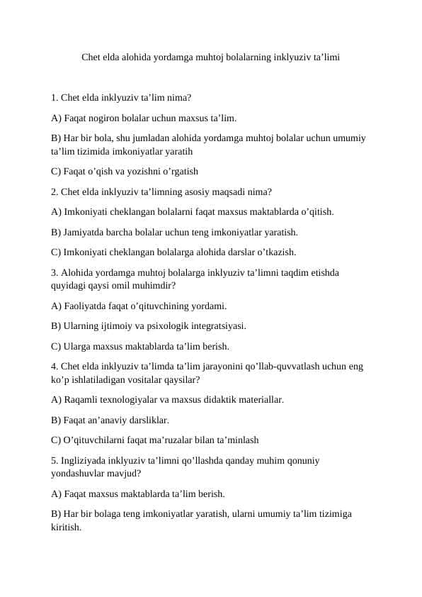 Chet elda alohida yordamga muhtoj bolalarning inklyuziv ta’limi