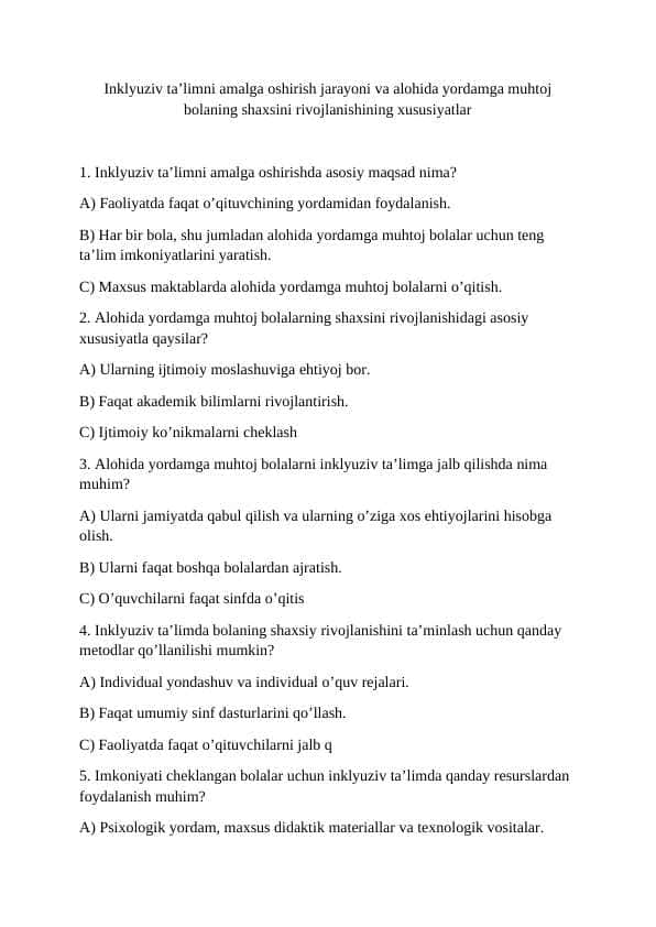 Inklyuziv ta’limni amalga oshirish jarayoni va alohida yordamga muhtoj bolaning shaxsini rivojlanishining xususiyatlar