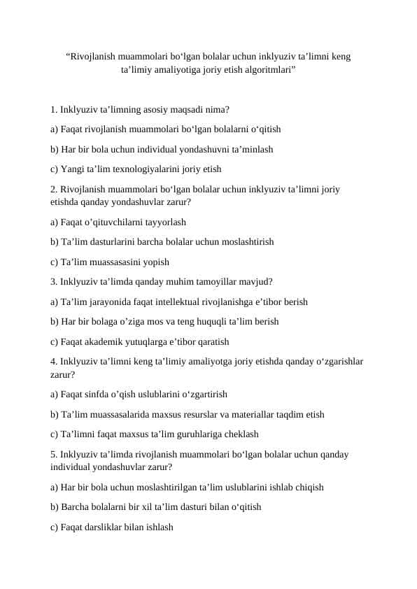 “Rivojlanish muammolari bo‘lgan bolalar uchun inklyuziv ta’limni keng ta’limiy amaliyotiga joriy etish algoritmlari”