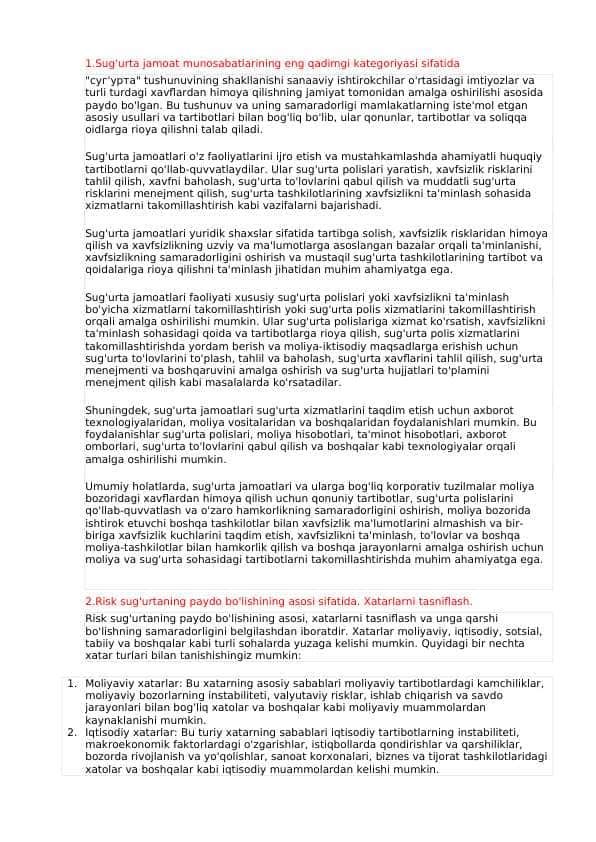Sug'urta yakuniy test savollari va javoblari bilan