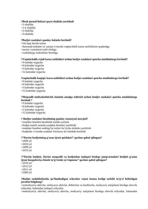 Byudjet test savollari javoblari bilan yakuniy