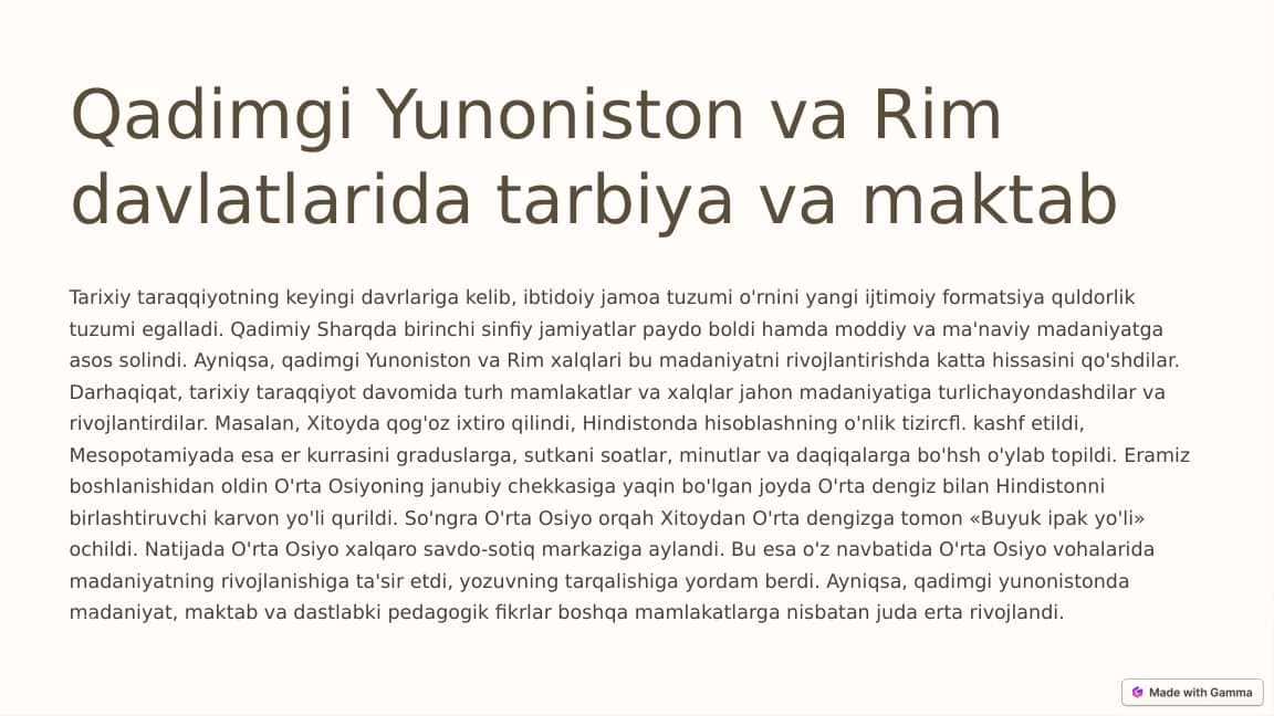 Qadimgi Yunoniston va Rim davlatlarida tarbiya va maktab