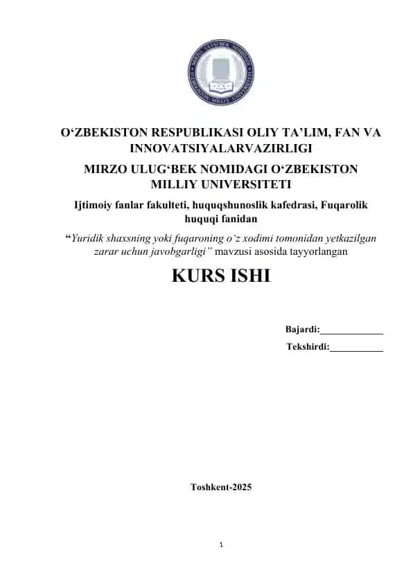 Yuridik shaxsning yoki fuqaroning o‘z xodimi tomonidan yetkazilgan zarar uchun javobgarligi” mavzusi asosida tayyorlangan