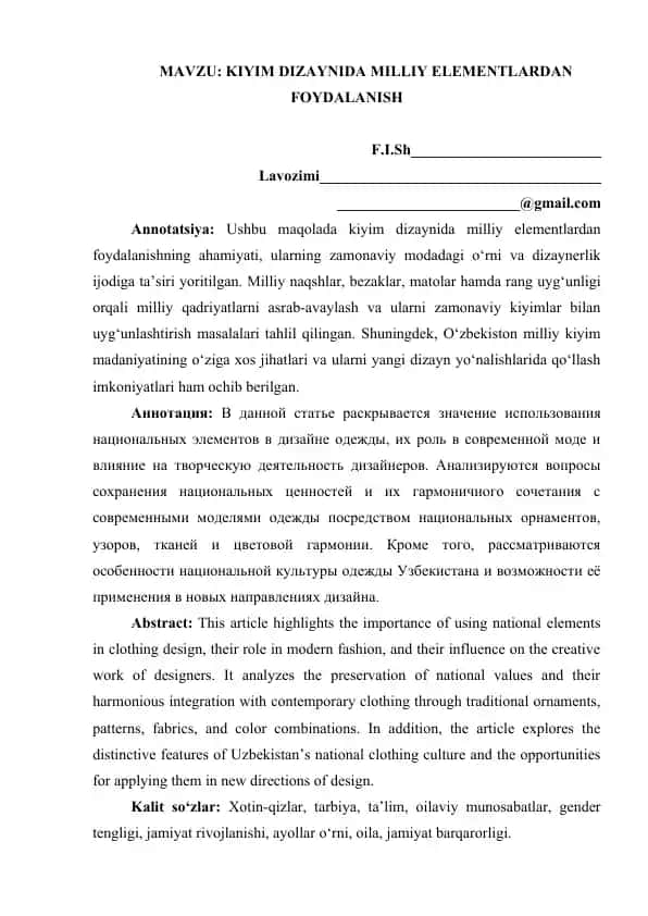 Kiyim dizaynida milliy elementlardan foydalanish maqola