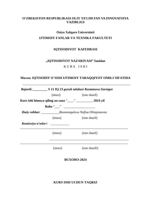 IQTISODIY O`SISH IJTIMOIY TARAQQIYOT OMILI SIFATIDA