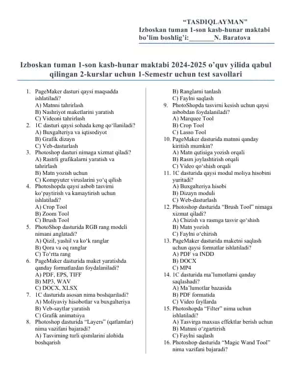 Politexnikum 2 kurslar uchun Insirmatika va axborot texnologiyalari 1semestir yakuniy nazorat