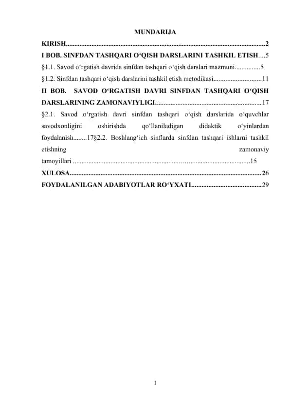 SAVOD OʻRGATISH DAVRI SINFDAN TASHQARI OʻQISH DARSLARINI TASHKIL ETISH