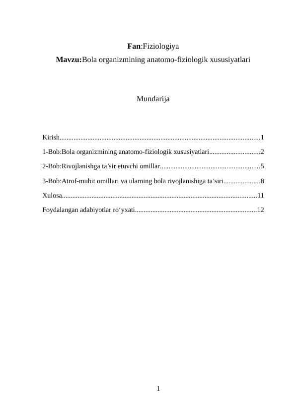 Bola organizmining anatomo-fiziologik xususiyatlari