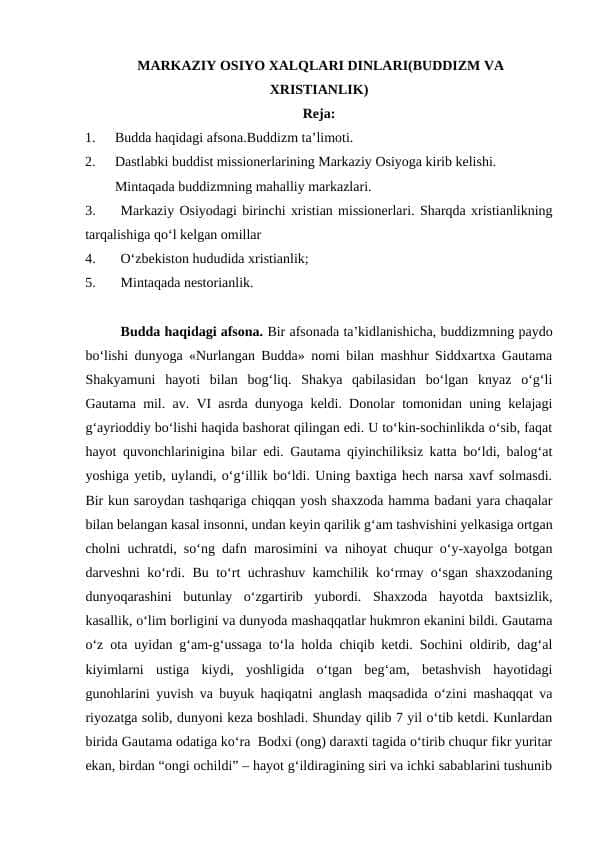 MARKAZIY OSIYO XALQLARI DINLARI(BUDDIZM VA XRISTIANLIK)