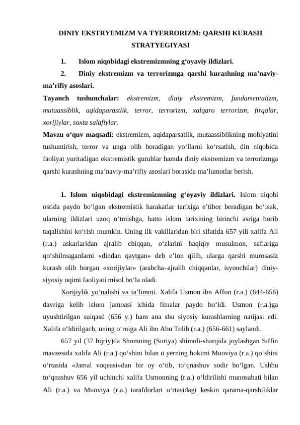 DINIY EKSTREMIZM VA TERRORIZM: MAFKURA VA AMALIYOT