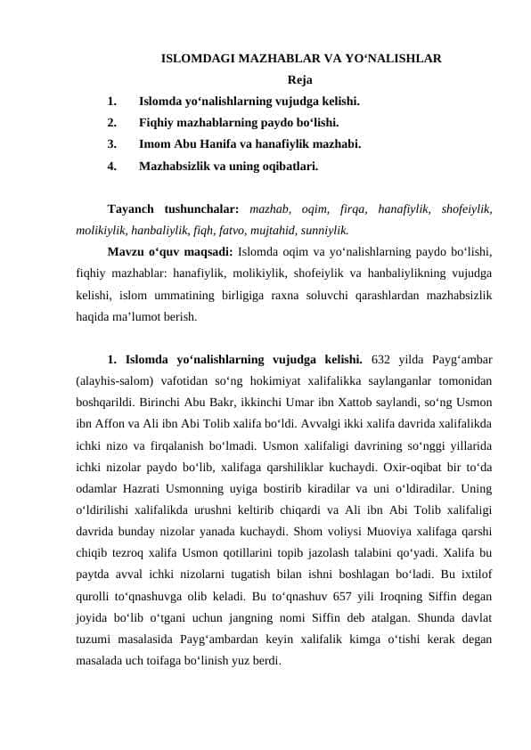 ISLOMDAGI MAZHABLAR VA YO‘NALISHLAR