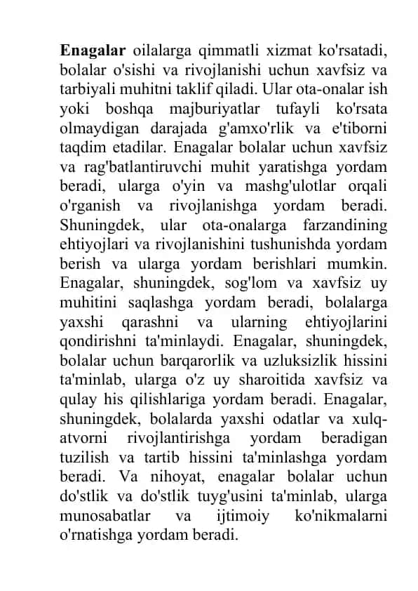 Enagalik kasbi bo`yicha ma`lumot