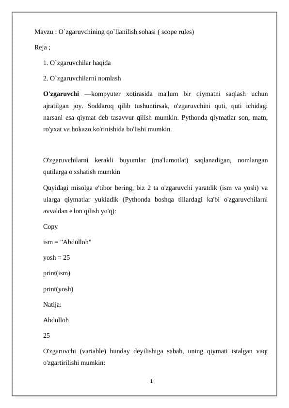O`zgaruvchining qo`llanilish sohasi ( scope rules)