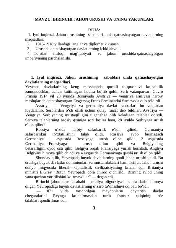 BIRINCHI JAHON URUSHI VA UNING YAKUNLARI