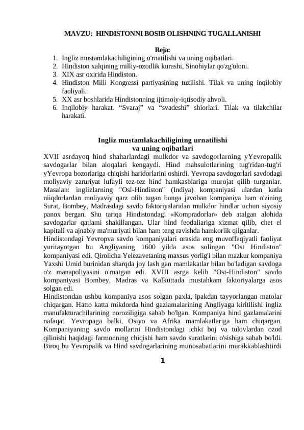 HINDISTONNI BOSIB OLISHNING TUGALLANISHI