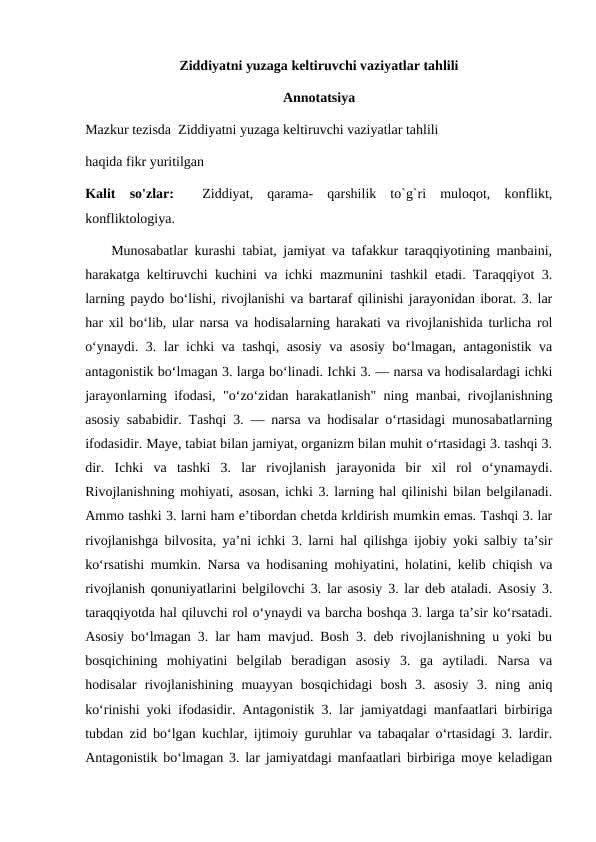 Ziddiyatni yuzaga keltiruvchi vaziyatlar tahlili