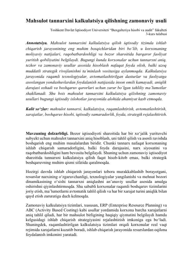 Mahsulot tannarxini kalkulatsiya qilishning zamonaviy usuli