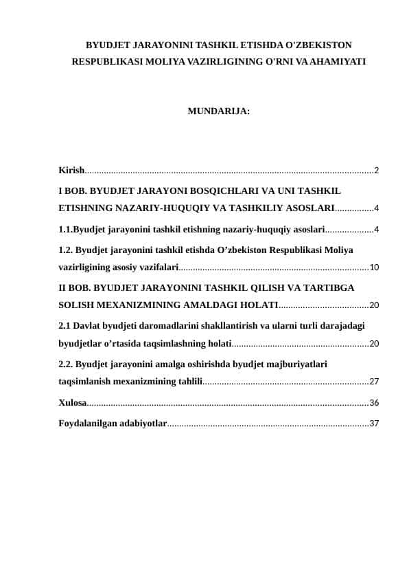 BYUDJET JARAYONINI TASHKIL ETISHDA O'ZBEKISTON RESPUBLIKASI MOLIYA VAZIRLIGINING O'RNI VA AHAMIYATI