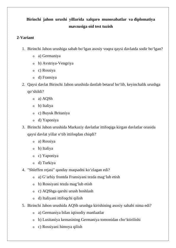Birinchi jahon urushi yillarida xalqaro munosabatlar va diplomatiya mavzusiga oid test tuzish variant 2