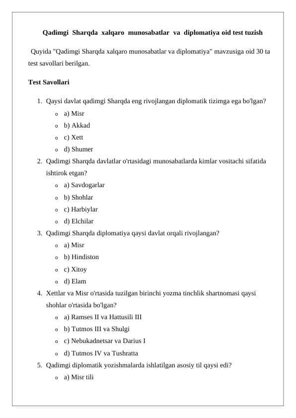 Qadimgi Sharqda xalqaro munosabatlar va diplomatiya oid test tuzish 24