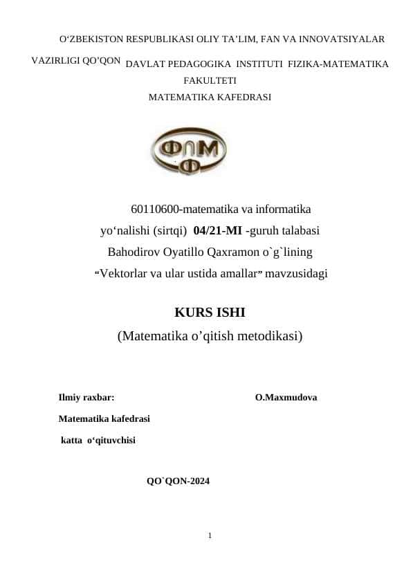 Vektorlar va ular ustida amallar