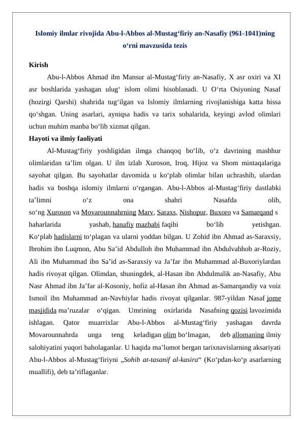 Islomiy ilmlar rivojida Abu-l-Abbos al-Mustagʻfiriy an-Nasafiy (961-1041)ning oʻrni” mavzusida tezis tayyorlash 24
