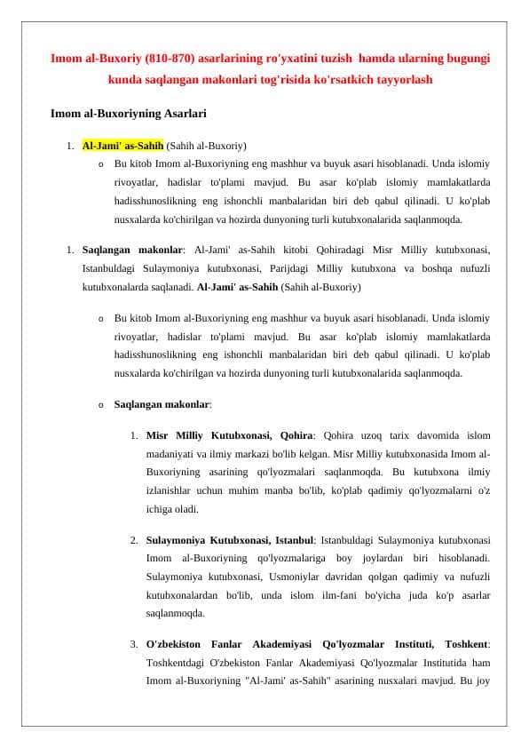 Imom al-Buxoriy (810-870) asarlarining ro'yxatini tuzish hamda ularning bugungi kunda saqlangan makonlari tog'risida ko'rsatkich tayyorlash 24